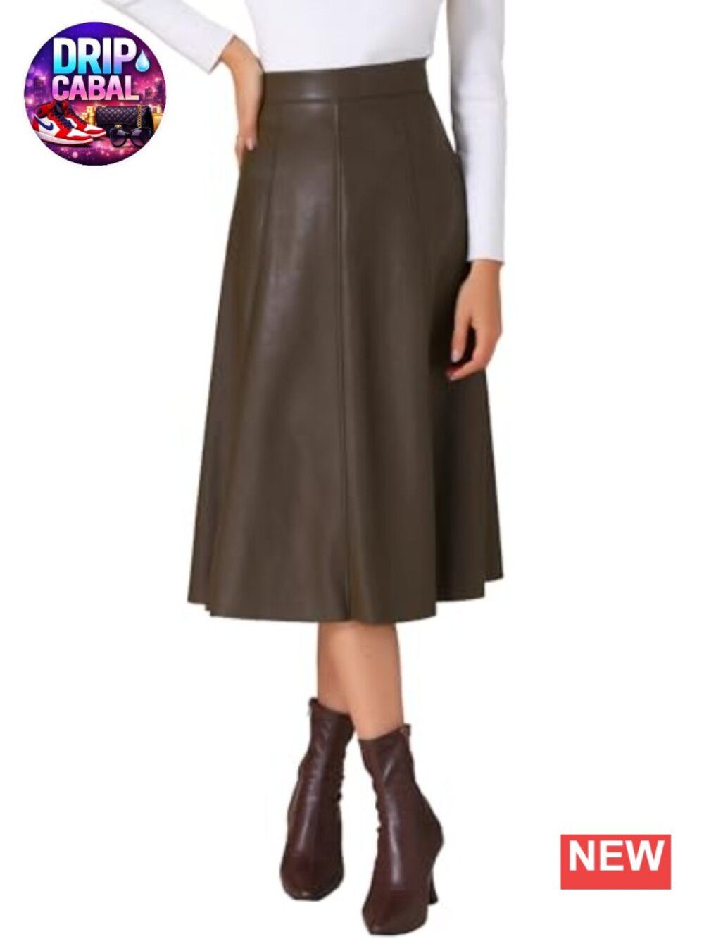 Faux Leather A-Line Midi Skirt High Waist Side Zipper